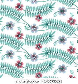 The pattern contains images of tropical leaves and flowers.