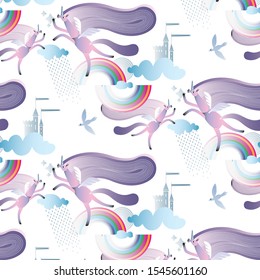 The pattern contains images of unicorns, castle, clouds, rain, birds and rainbows.