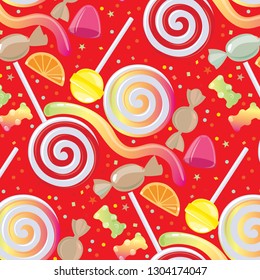 The pattern contains repeating images of various candies. Lollipops, fruit marmalade, marmalade bears, wrapped sweets and confetti.