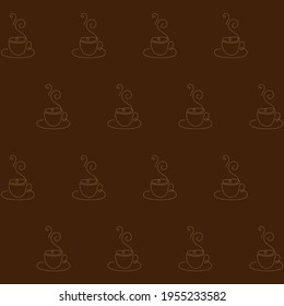 Pattern with continuous cup of coffee outline minimalistic vector illustration on brown background