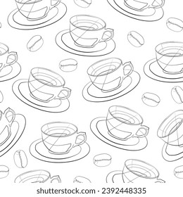 Pattern. Continuous drawing of the coffee cup line. Continuous lines, coffee, latte, hand-drawn, simple lines. Linear art cup for hot drink. A hand-drawn logo.