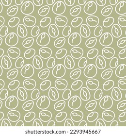 A pattern with a contour pattern of beans. The symbol is a bean doodle on a green background. Printing on textiles and paper background for vegetable milk. Packaging with legumes