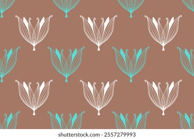 Pattern contour flowers hand drawn doodle white and blue-green color on mocha mousse background.