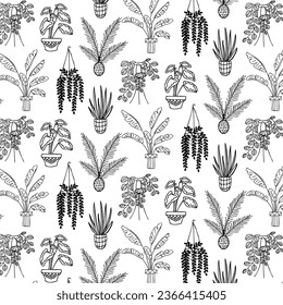 Pattern of contour flowers.Vector seamless pattern of contour potted flowers on a transparent background.