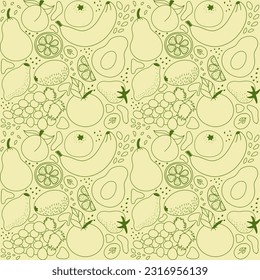 Pattern of contour Fruits and Berries. Food. Citruses - orange, mandarin. Exotic - banana, kiwi. Vitamins, healthy eating, veganism. Seamless pattern for wrapping. Drawn by hand. Vector illustration.