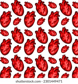 Un patrón del contorno de los corazones y gotas humanos. Patrón sin foco con corazones y gotas, diferentes corazones de diferentes tonos de rojo sobre un fondo blanco. Transición de color. Impresión en papel