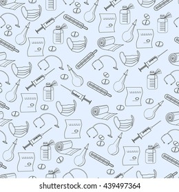 A pattern of contour medical items on a blue background. Syringe, bandage, thermometer, mask, medicine, pill, enema, stethoscope, prescription