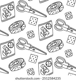 The pattern of contour patches is a roll, a piece, a pack of adhesive tape, scissors. Elements with a breathable surface. Seamless texture to cover scratches. A strip of fabric is cut with scissors