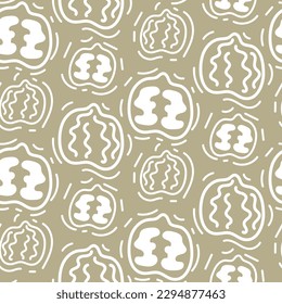 A pattern with contour sketches of walnut. The symbol is a doodle of nuts on a brown background. Printing on textiles and paper background for vegetable milk. Packing with nuts