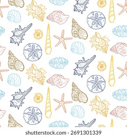 pattern of contoured colored diverse historical shells, corals and stars. Flat contoured seamless texture of hand-drawn objects. Delicate summer design, sea and beach-themed prints, nature projects