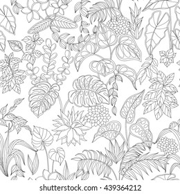 Pattern with contoured tropic plants on white background. Monochrome seamless texture with leaves and flowers.