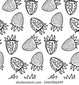 Un patrón de fresas enteras contorneadas y sus cortes. Bayas frescas monocromas con colas. Textura para frescura, sabor y belleza natural para cualquier proyecto de diseño. Sin Costuras