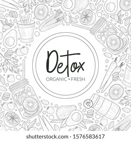 Pattern of contours of fruits and vegetables around a round frame. Vector illustration.