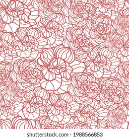Pattern with contours of roses of different types and sizes on a transparent background