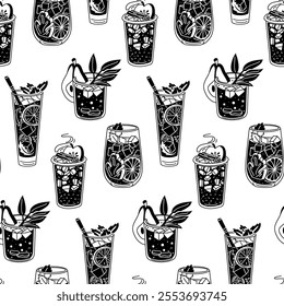 pattern with contrasting black drinks on white. Seamless texture of drinks for bar, restaurant. glasses are chaotic. Silhouettes of glass glasses with cozy drinks. Printing for menu packaging, paper