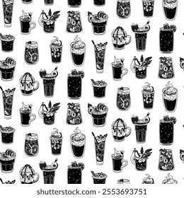 A pattern with contrasting black drinks on white. Seamless texture of drinks for bar, restaurant. Glasses up in rows. Silhouettes of glass glasses with cozy drinks. Printing for menu packaging, paper