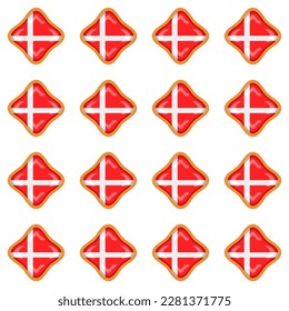 Galleta de patrón con el país de la bandera Dinamarca en una galleta sabrosa, galleta patrón consisten en el país de la bandera Dinamarca en galleta natural, galleta fresca de galleta con el país de la bandera Dinamarca nuevo patrón comida dulce