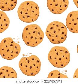 Pattern with cookies with chocolate chips on a white background. Endless pattern with cookies for textiles or wrapping paper.
