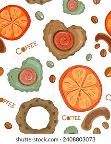 A pattern with cookies, chocolate, sweets, vanilla, orange slice and coffee beans . Vector.