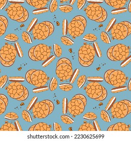 Pattern cookies with filling and biscuit crumbs on a blue background, hand drawn doodle drawing. National Cookie Day. Vector illustration