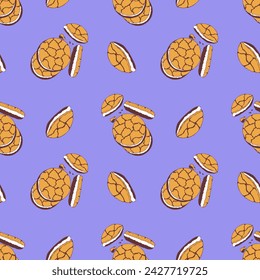 Pattern with Cookies on purple background, chocolate cookies with cream filling, hand drawn doodle. For packaging design. Vector illustration