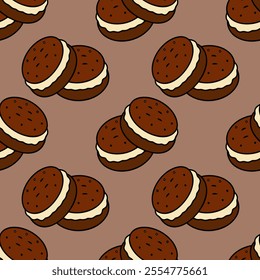 Pattern of cookies with white icing, sprinkled with sesame seeds, on mocha mousse background.