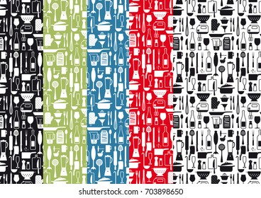 Pattern with cooking instruments. Mixer, strainer, casserole, ladle and many other cooking utensils on this pattern. Choice of several background colors, black, white, green, blue and red.
