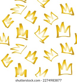 Pattern of cool handwritten golden crowns on a white background. Vector.