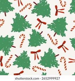 Pattern with coquette Christmas tree, candy cane and bow. Vector vintage illustration for fabric, paper, textiles, notepad, children clothing, greeting card. Holiday seasonal design.