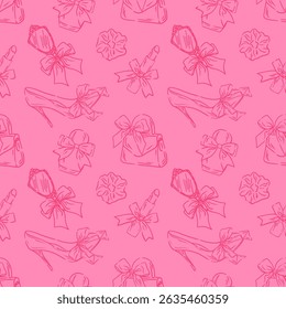 Elementos femininos de coquette padrão. Arte de linha de sapatos, batom, perfume, saco. A Vibe Das Meninas. Para têxteis, embalagens, papéis de parede ou coberturas.