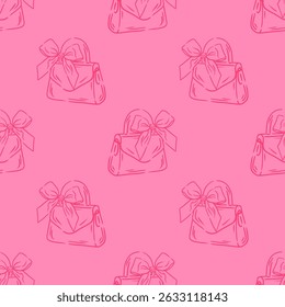 Bolso de mano femenino coqueta con lazo. Bolsa de ilustración de línea sobre fondo rosa. Para textiles, embalajes, Fondos de pantalla, postales o fundas.