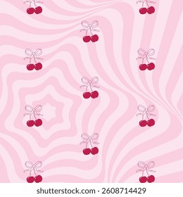 Pattern coquette red cherry with line gift bow. Vector Illustration of pink girly vintage bows and cherries. Cute trendy line art. Red ribbons. Trendy girls decoration. Ice cream background pink color