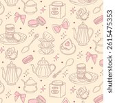Pattern with coquette vintage tableware, macaroons, roses, stars and bows. Pink delicate background for wedding invitation, valentine, wallpaper design, scrapbook. Vector background in doodle style.