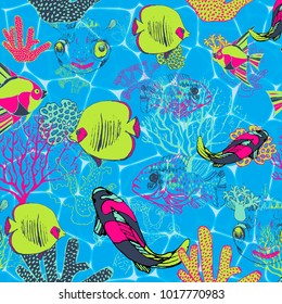 pattern with coral and fish of different species and colorful with surface texture of blue water