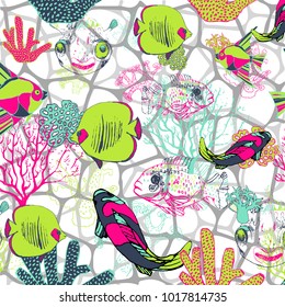 pattern with coral and fish of different species and colorful texture of grey water