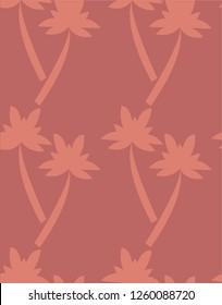 Pattern with coral silhouettes of palms on the dark coral background