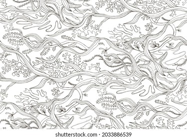 Pattern with corals and algue.Black and white style. Print for fabric, textiles, wallpaper, paper and others. Vector illustration