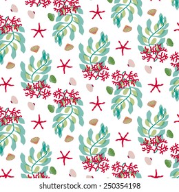 Pattern with corals, sea star, seaweed and shells. To use for wallpaper, paper, textile or background. Illustration and vector design