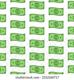 Pattern of Cordoba Nicaragua banknotes on transparent background with mini doodle (icon) and green color. Vector Illustration