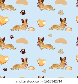pattern with corgi dog with a heart, a bowl for food and elements of paws