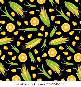 Pattern with corn on a black background.Colored vector pattern with grains and ears of corn on a black background.