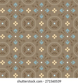 Pattern of cornflowers in circles, gray-brown.  A grey-brown background twigs and flowers - yellow, blue, grey. For printing and textile prints. 