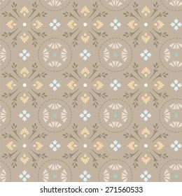 Pattern of cornflowers in circles. A grey-brown background dark twigs and light yellow and blue flowers. For printing and textile prints. 