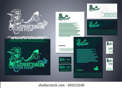 Pattern of corporate identity pub bar Irish leprechaun Scandinavian ornaments bright colors trend
