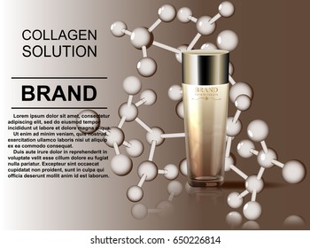 Pattern cosmetic ads, glass bottle drops of essence oil isolated on the background formula of the molecule. Vector illustration.