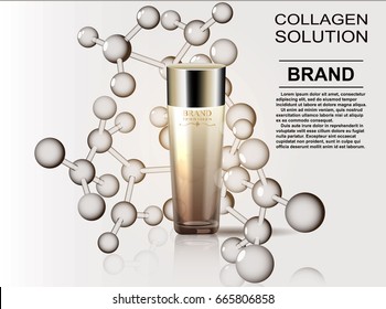 Pattern cosmetic ads, glass bottle drops of essence oil isolated on the background formula of the molecule. Vector illustration.