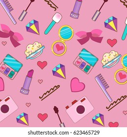pattern of cosmetics: eyeshadow, mascara, comb, diamond, bow, pin, camera