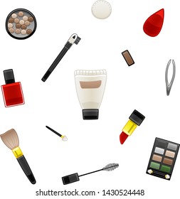 Pattern of cosmetics and tools for face and body care on a white background in vector. Lipstick, mascara, eyeshadow, nail polish, blush, eyebrow pencil, brush, sponge, tweezers, cotton pad, cream.