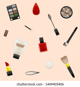 Pattern of cosmetics and tools for face and body care on a beige background in vector. Lipstick, mascara, eyeshadow, nail polish, blush, eyebrow pencil, brush, sponge, tweezers, cotton pad, cream.