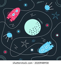 Patrón con motivos cósmicos que representan planetas, cohetes, satélites y estrellas en un fondo contrastante.